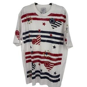 K.W.B.L. Vintage Women's Americana Flag 50/50 White Short Sleeve Shirt Size 2X